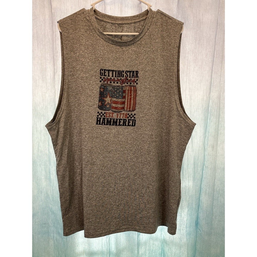 Mens Large Gray Patriotic USA Star Spangled Hammered Tank Top Shirt